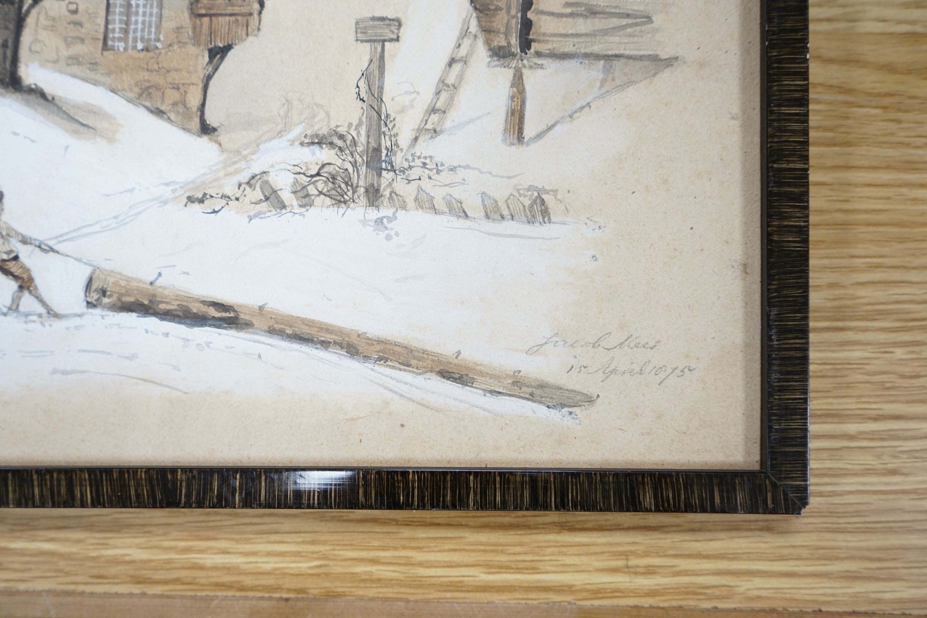 Jacob Meis, watercolour and pencil, Figures hauling a log in a Swiss winter landscape, signed and dated 1875, 28 x 44cm